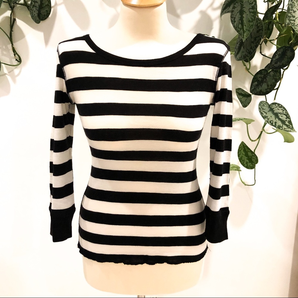 Energie Top Black White Striped 3/4 Sleeve